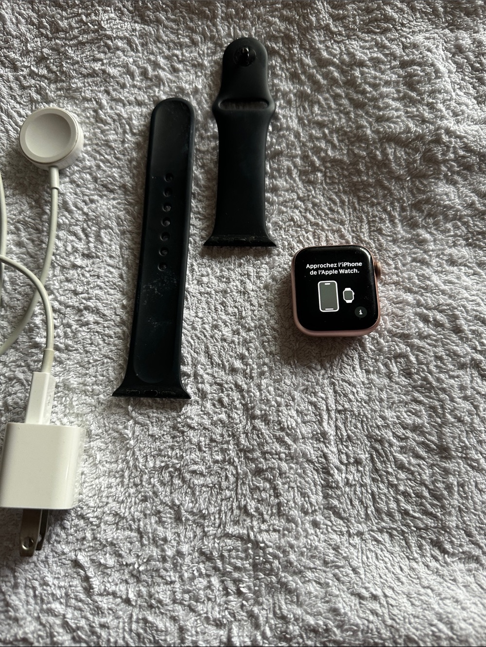 Apple Watch Rose Gold Aluminum Case with Black Sport Band and Charger